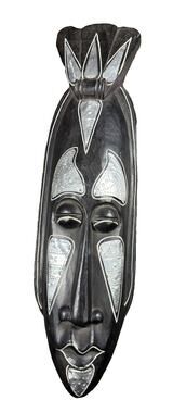 Vintage Ghana Hand Carved Wood Wall Mask Silver Metal 20” African Art